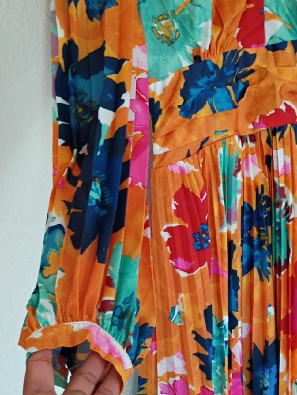 Chicwish Mustard Floral Pleated Midi Dress with Multicolor Blooms - Picture 3 of 7